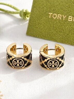 Tory Burch Black Enamel Gold Hoop Earrings Logo Small Hoops NWT